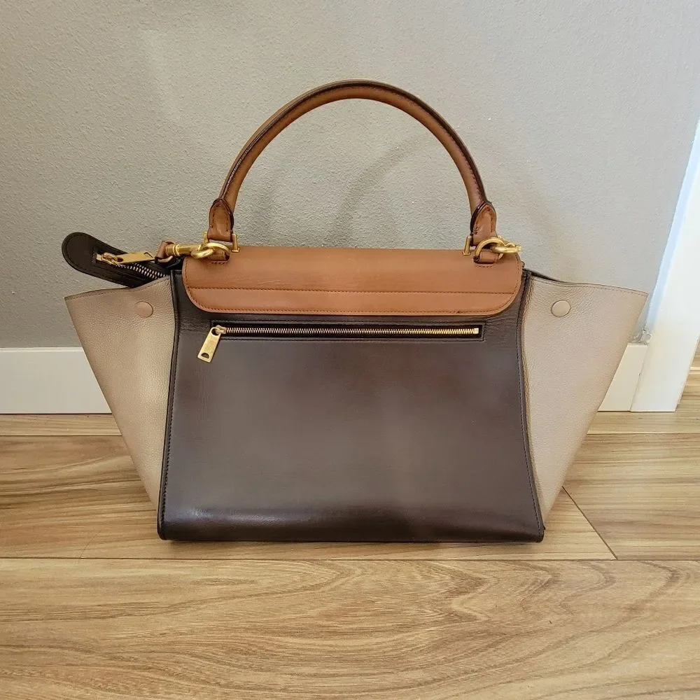 Celene Tricolor Medium Trapeze Luggage Satchel in Cognac Brown Tan